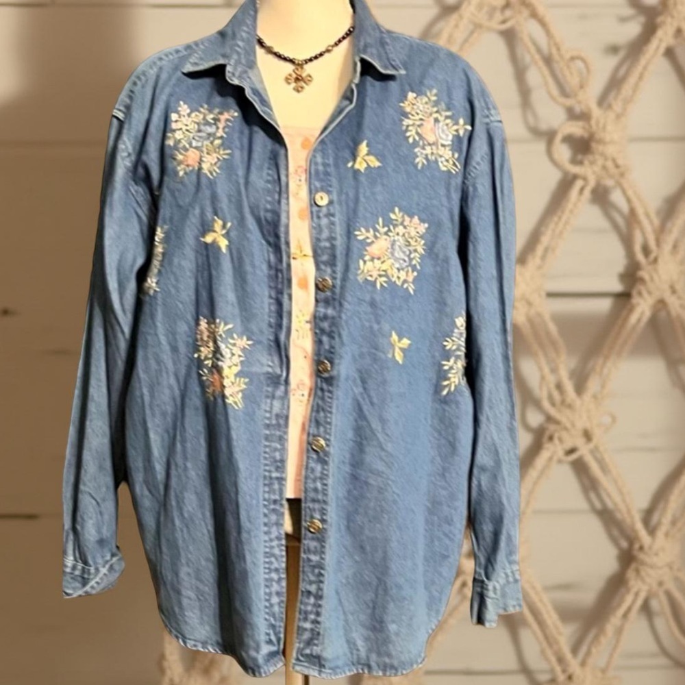 Embroidered Denim Shirt with attached pink embroidered top Tantrums GUC Medium